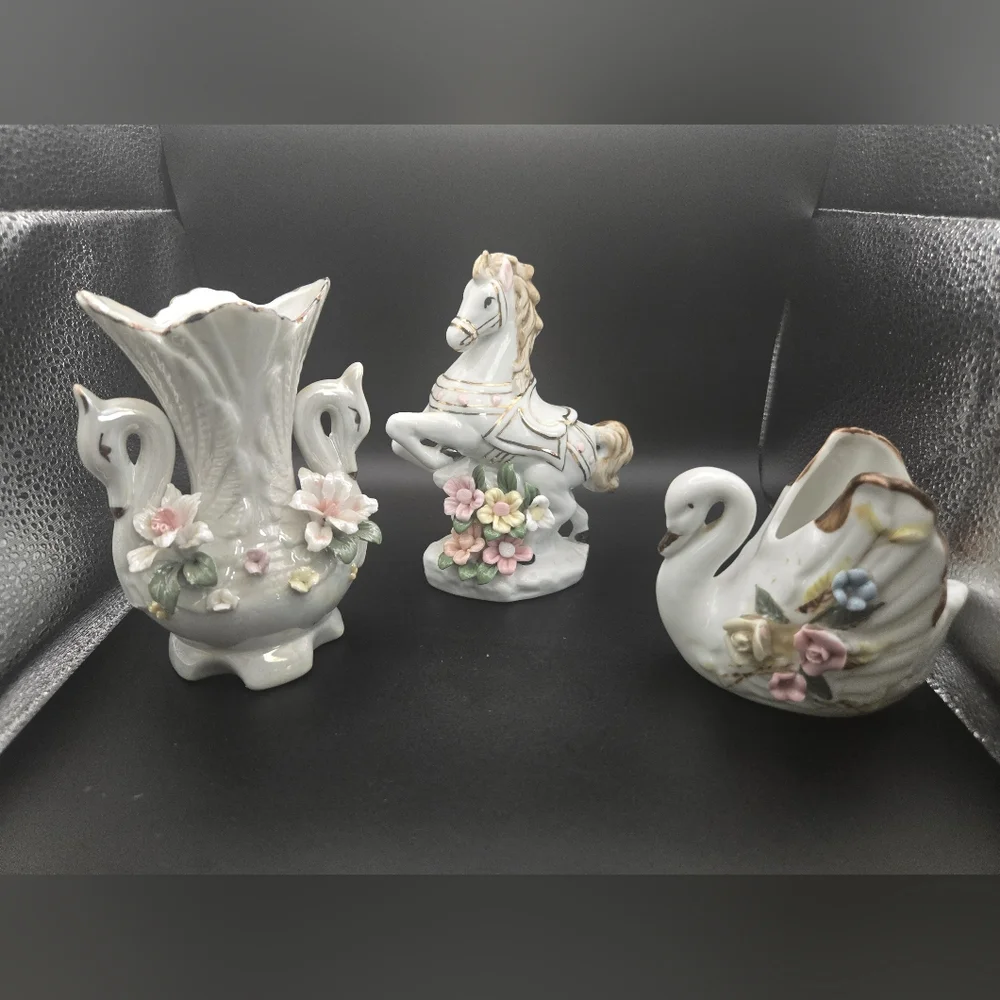 Porcelain Swan and Horse Figurines with Floral Accents Vintage